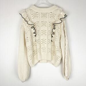 En Saison Sweater Womens 2X Ruffle Chunky Cable Knit Pointelle Cottagecore Cream